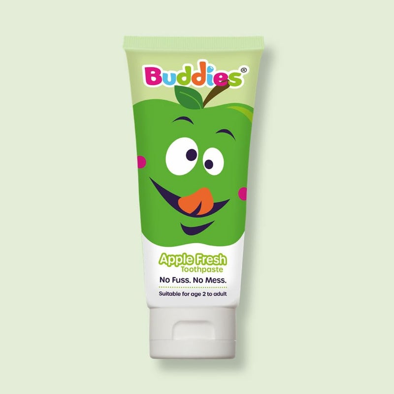 Buddies Apple Fresh Childrenâ€™s Toothpaste 75ml â€“ Mint-Free, Dentist-Recommended, Gentle Sensory-Friendly Formula with Fluoride â€“ Suitable for Ages 2+ and Adults